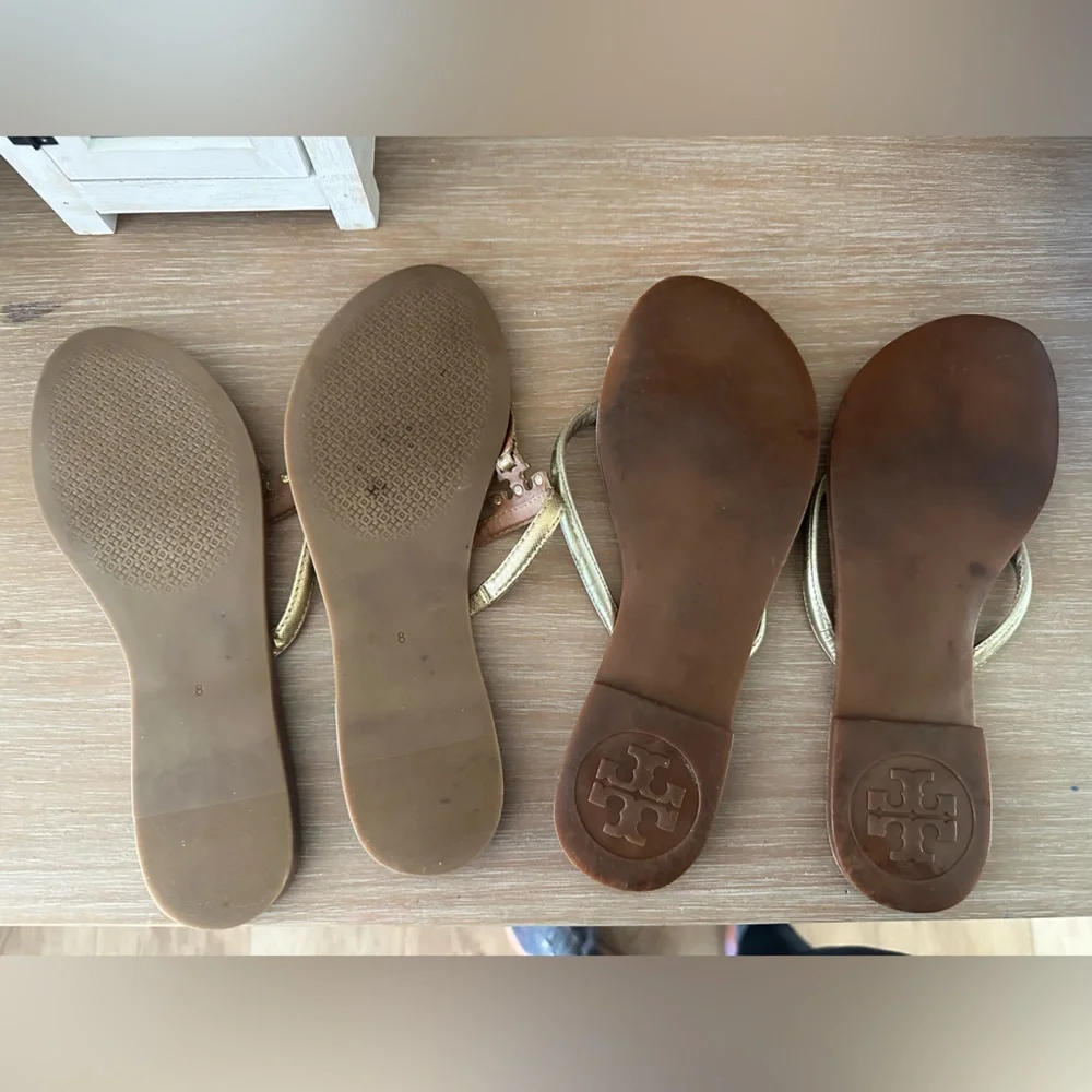 Tory Burch Gold and Tan Leather Thong Sandals